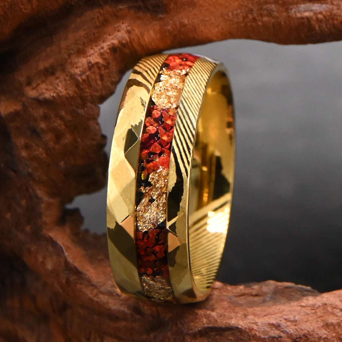 Sol Invictus – Damascus Steel Ring with Red Opal & 18K Gold Foil