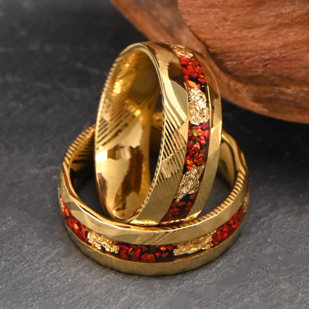 Sol Invictus – Damascus Steel Ring with Red Opal & 18K Gold Foil