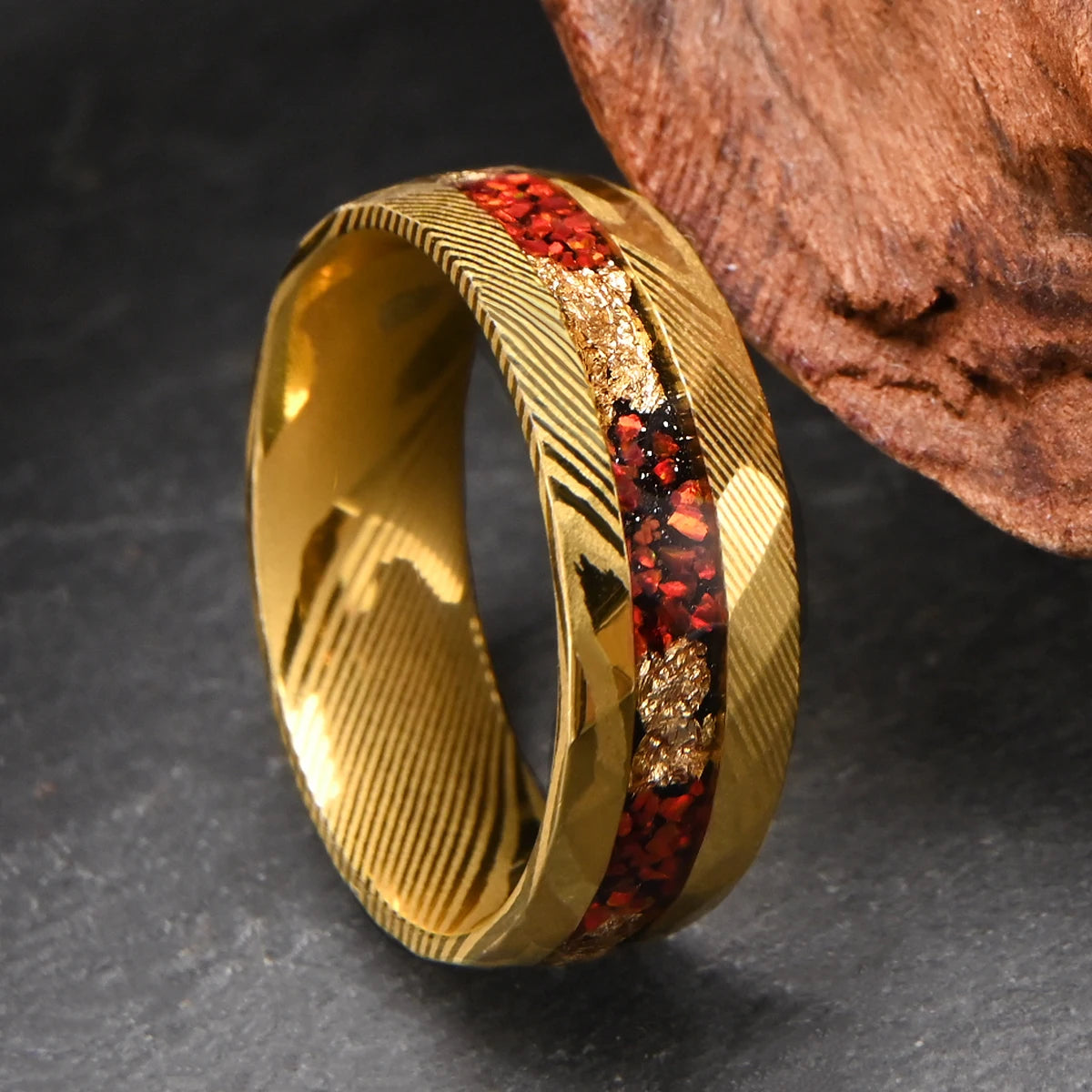 Sol Invictus – Damascus Steel Ring with Red Opal & 18K Gold Foil